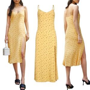 Reformation Crimini, Gwen Yellow Floral Print, Midi Slip Dress (8) Leg Slit